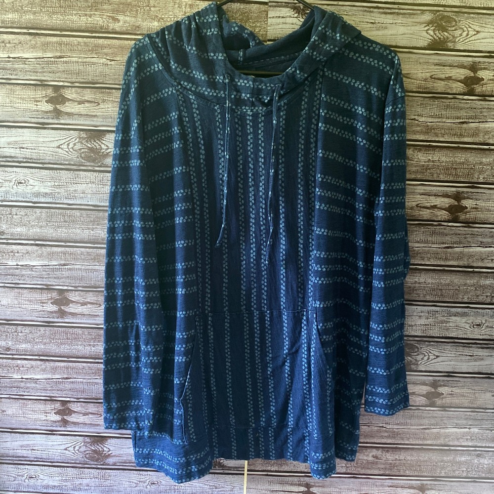 PureJill Women's Long-Sleeved Hooded Top Size L Petite Blue Kangaroo Pocket